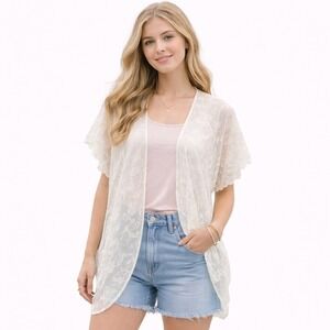 Vintage Val Mode Lace Kimono Cardigan Size Large Sheer Ivory Open Front